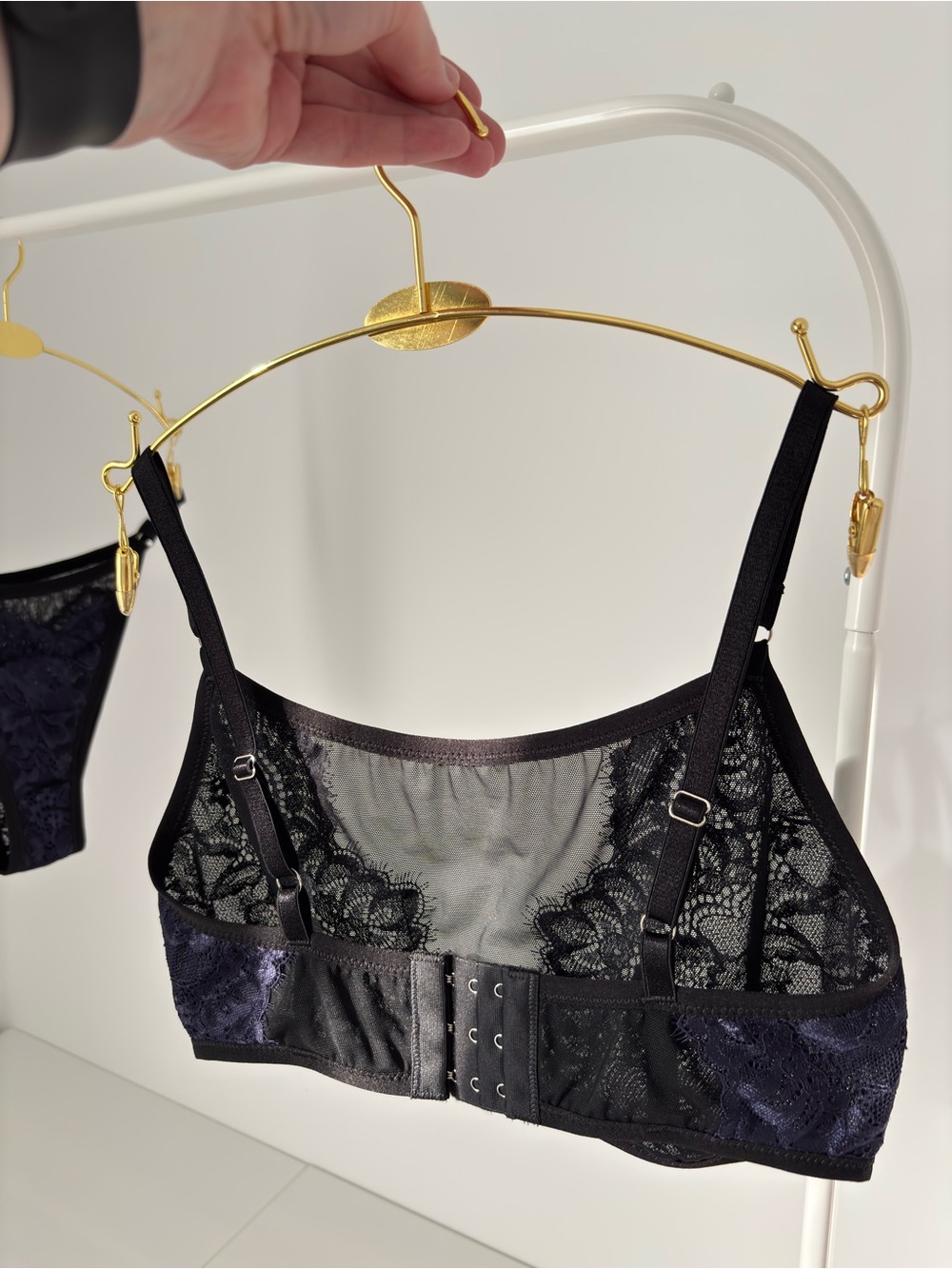 Blue Lace & Black Mesh Bralette & Strapped Bikini Panties • Lingerie Set - Picture 4 of 6